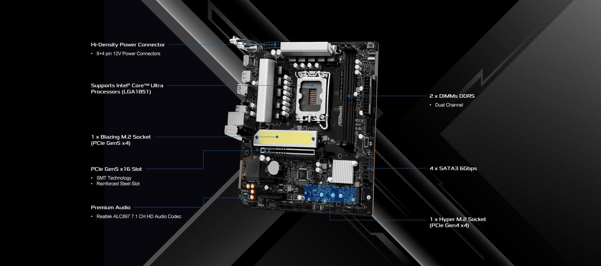 ASRock B860M-X Gen5 WiFi LGA1851 Micro-ATX Motherboard, unterstützt Intel Core Ultra Series 2 Prozessoren, DDR5 9066+(OC), PCIe 5.0 x16, WiFi 6E, 2.5G LAN Bild 5