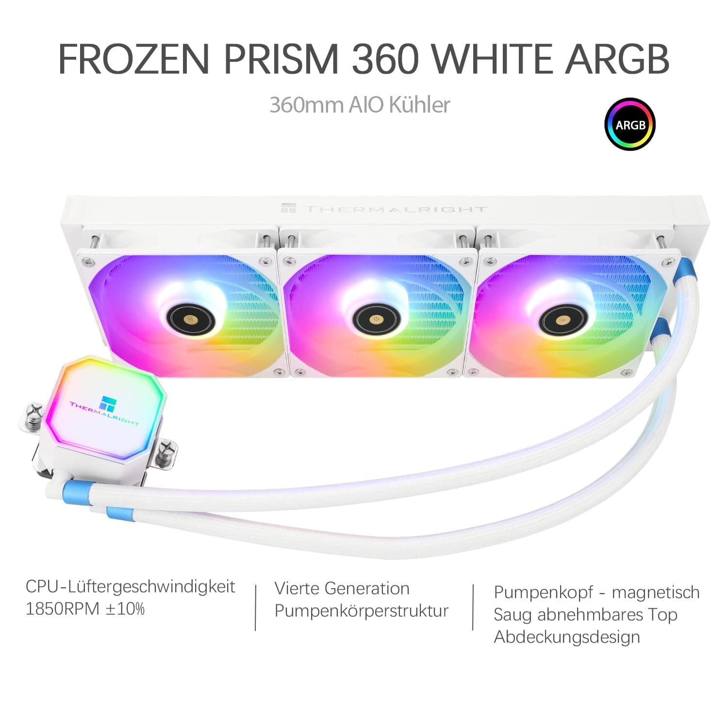 TR-Thermalright Frozen Prism 360 White ARGB Flüssigkeit CPU Kühler, 360mm Aio Kühler, 3x120mm PM Lüfter-1850RPM, für AM4 /AM5, Intel LGA1851/1700/1150/1151 Bild 3