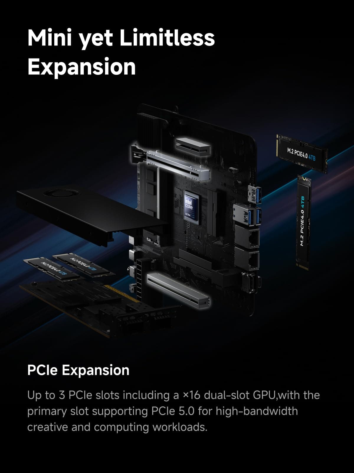 MINIS FORUM MS-02 Ultra Workstation Mini PC, Intel Core Ultra 9 285HX (24C/24T, up to 5.5GHz),PCIe 5.0 x16, 4× DDR5(ECC), 4× M.2, USB4 v2, Dual 25GbE+10GbE+2.5GbE(vPro), Wi-Fi 7,Barebone ohne RAM/SSD MS-02U-285HX 0/0 GB Bild 4