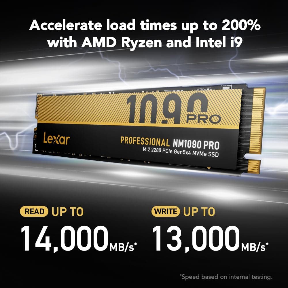 Lexar 2 TB NM1090 PRO SSD PCIe Gen5 NVMe M.2 2280 interne SSD, bis zu 14.000/13.000 MB/s Lesen/Schreiben, fortschrittliches thermisches Steuerungsdesign, DirectStorage-fähig, für Gamer und Kreatoren Bild 3