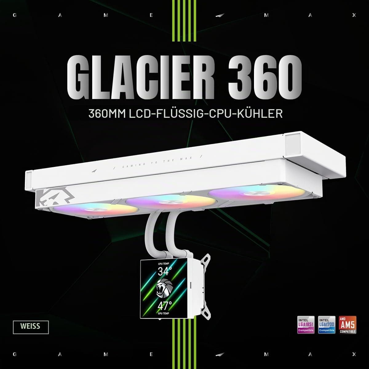 GAMEMAX GLACIER 360 WH AIO Flüssigkeits CPU Kühler, 360mm Radiator, 3,95" 720×720 LCD-Display, seitliche Schlauchführung, magnetisches Display, Intel & AMD kompatibel (Weiß) Bild 3
