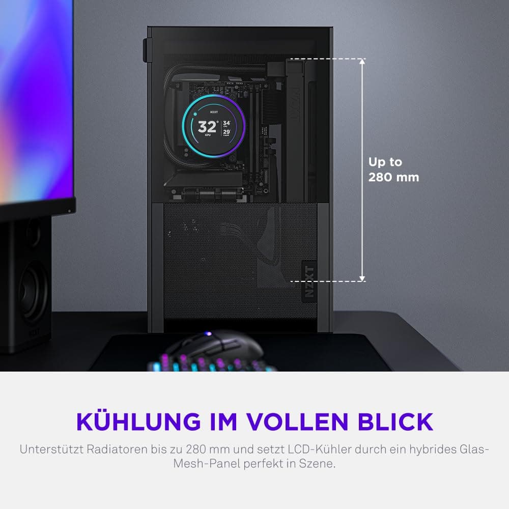 NZXT H2 Flow – Mini-ITX 20,7L High-Airflow PC-Gehäuse – Inkl. 2 x 120-mm-Lüfter Oben & PCIe 5.0-Riser Cable– 331-mm-Grafikkarte – 280-mm-Radiator – Schwarz Bild 7