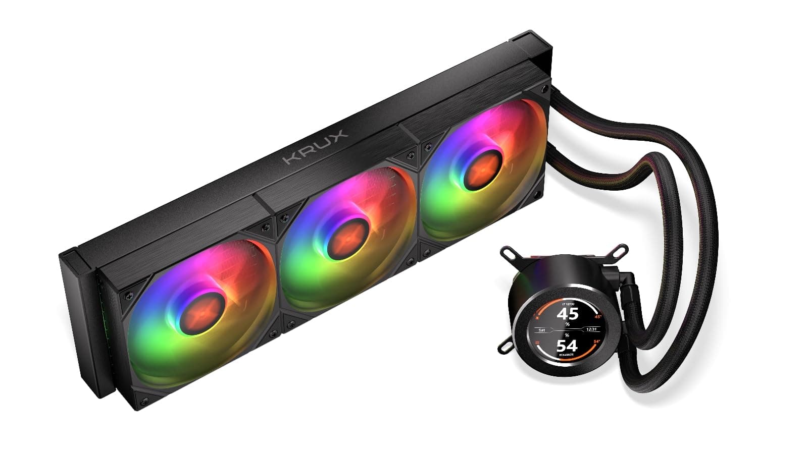 KRUX HydroGlance 360 ARGB LCD, AIO-Wasserkühlung für Prozessoren, personalisierbares LCD-Display, 360 mm, 3x120 mm ARGB-Lüfter, Kupfer-Wasserblock, kompatibel mit AM4, AM5, LGA1851, LGA1700, LGA1200 Bild 3