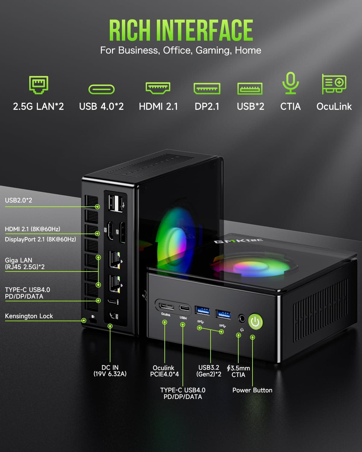 GMKtec K11 AMD Ryzen 9 Gaming Mini PC 8945HS(8C/16T, bis zu 5.2GHz),32GB DDR5 4800MHz RAM 1TB PCIE Desktop PC Computer,Oculink/Dual NIC 2.5GbE LAN/HDMI/USB 4.0/WiFi 6/BT 5.2/DisplayPort/USB4*2 32.0 GB 1.0 TB Bild 5