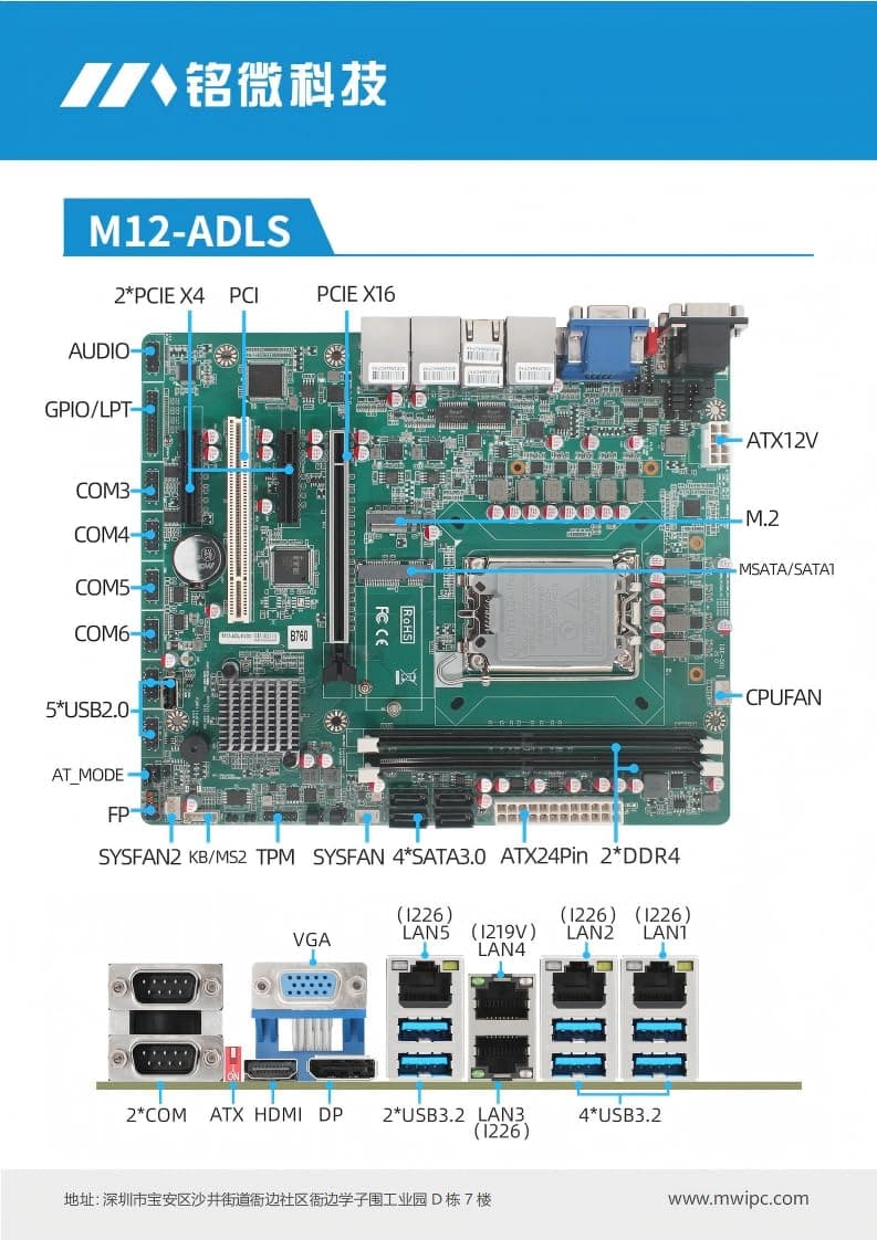 Industrielles Motherboard B760 LGA1700 Prozessor (Core 12-14th Celeron/Pentium), M-ATX Computer-Motherboards unterstützt 4SATA3.0 MSATA M.2 NVME, 5 x LAN (4i226-V + 1 x i219V), 2 x DDR4 max 64 GB Bild 2