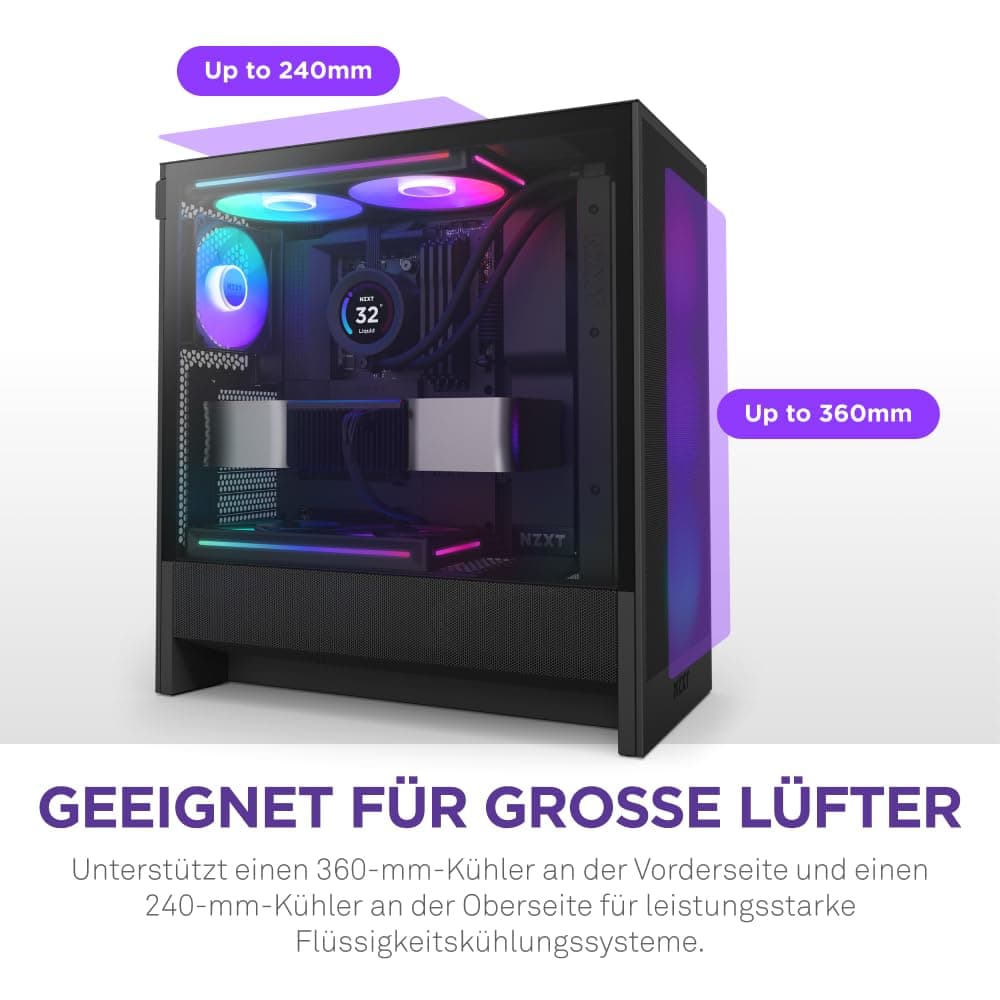 NZXT H5 Flow RGB - Compact ATX Mid-Tower PC Gaming Case - High Airflow - F360 RGB Core (CV) Included - 360mm Front & 240mm Top Radiator Support - Cable Management - Tempered Glass - Black Flow RGB Schwarz Bild 7