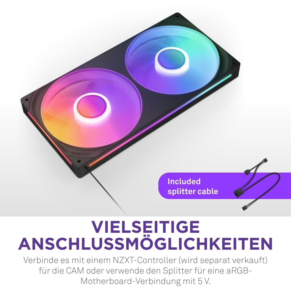NZXT F280 RGB Core - 280 mm Einzelrahmen-Lüftereinheit mit 2 x 140 mm RGB-Lüftern - Drehzahl- und Beleuchtungssteuerung - Hoher statischer Druck und Luftstrom - 8 aRGB-LEDs pro Lüfter - Schwarz Schwarz 280mm Bild 6