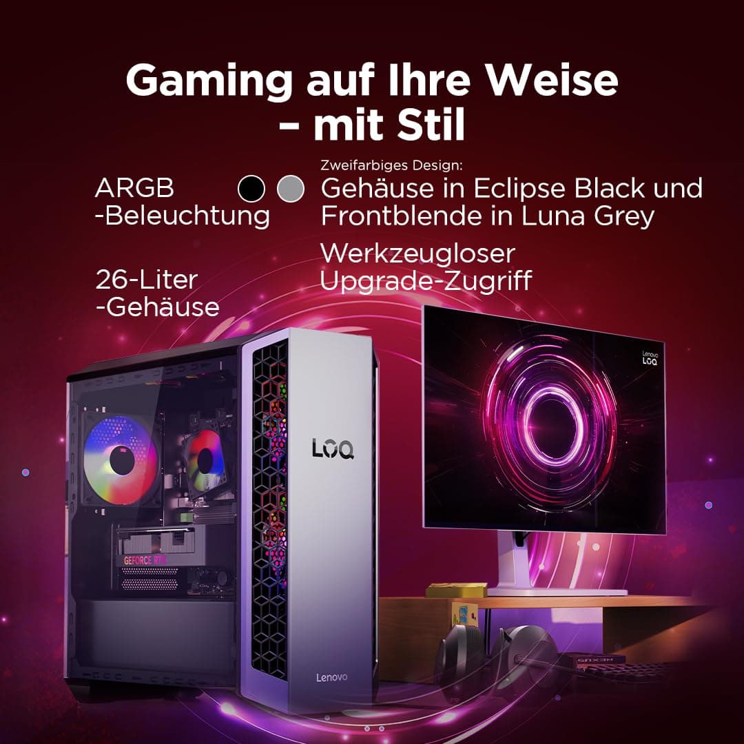 Lenovo LOQ Tower Gaming Desktop-PC | AMD Ryzen 7 8745HX | 16RAM | 1TB | NVIDIA GeForce RTX 5060 | Windows 11 | 26L | Luna Grau-Eclipse Black | 3 Monate GamePass | 3 Monate Premium Care Bild 7