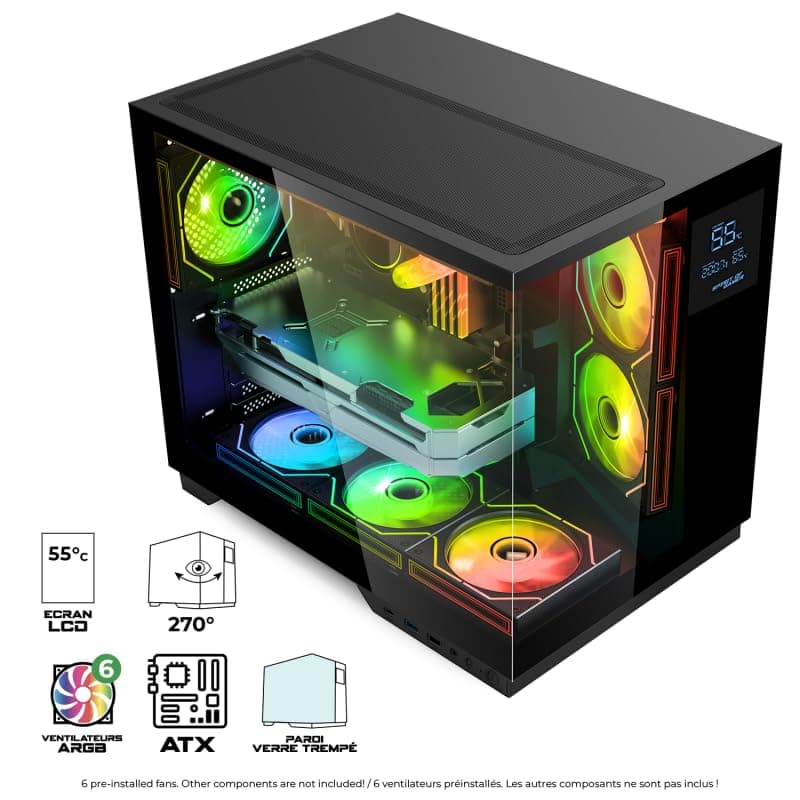 Spirit of Gamer - Viper CRX, Gaming PC Gehäuse Aquarium ATX/mATX/ITX, 6 ARGB PWM Lüfter, 270° Hartglas, LCD Display, Unterstützung für 360 mm Wasserkühlung, USB-C, Kabelmanagement, SPCC Stahl Schwarz Bild 3