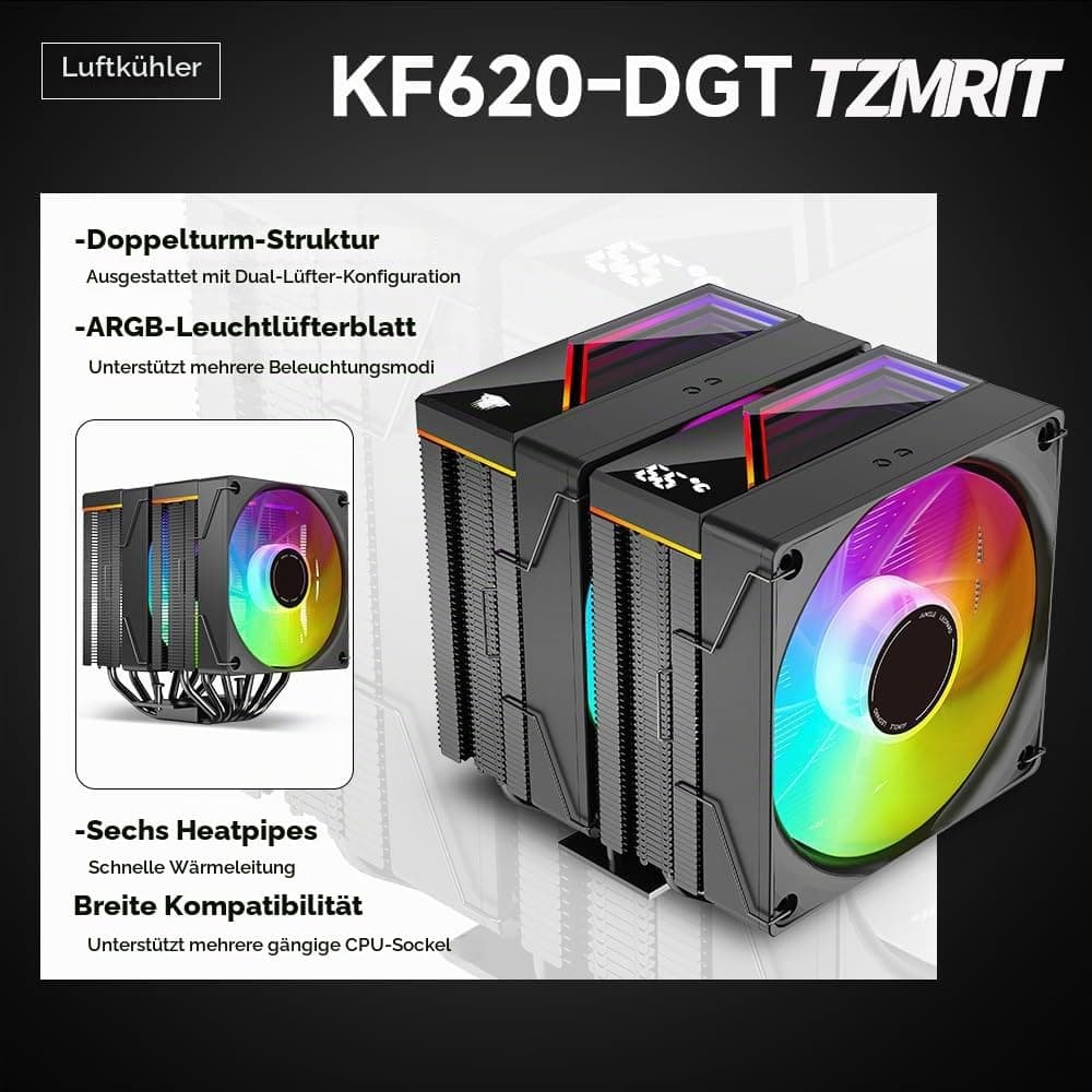TZMRIT KF620 DGT ARGB CPU Kühler Mit Temperaturanzeige Display,265W TDP,für Intel LGA 1700/1200/115X/1851/1366/2011, für AMD AM4/AM5 (KF620 BK) Black Bild 3