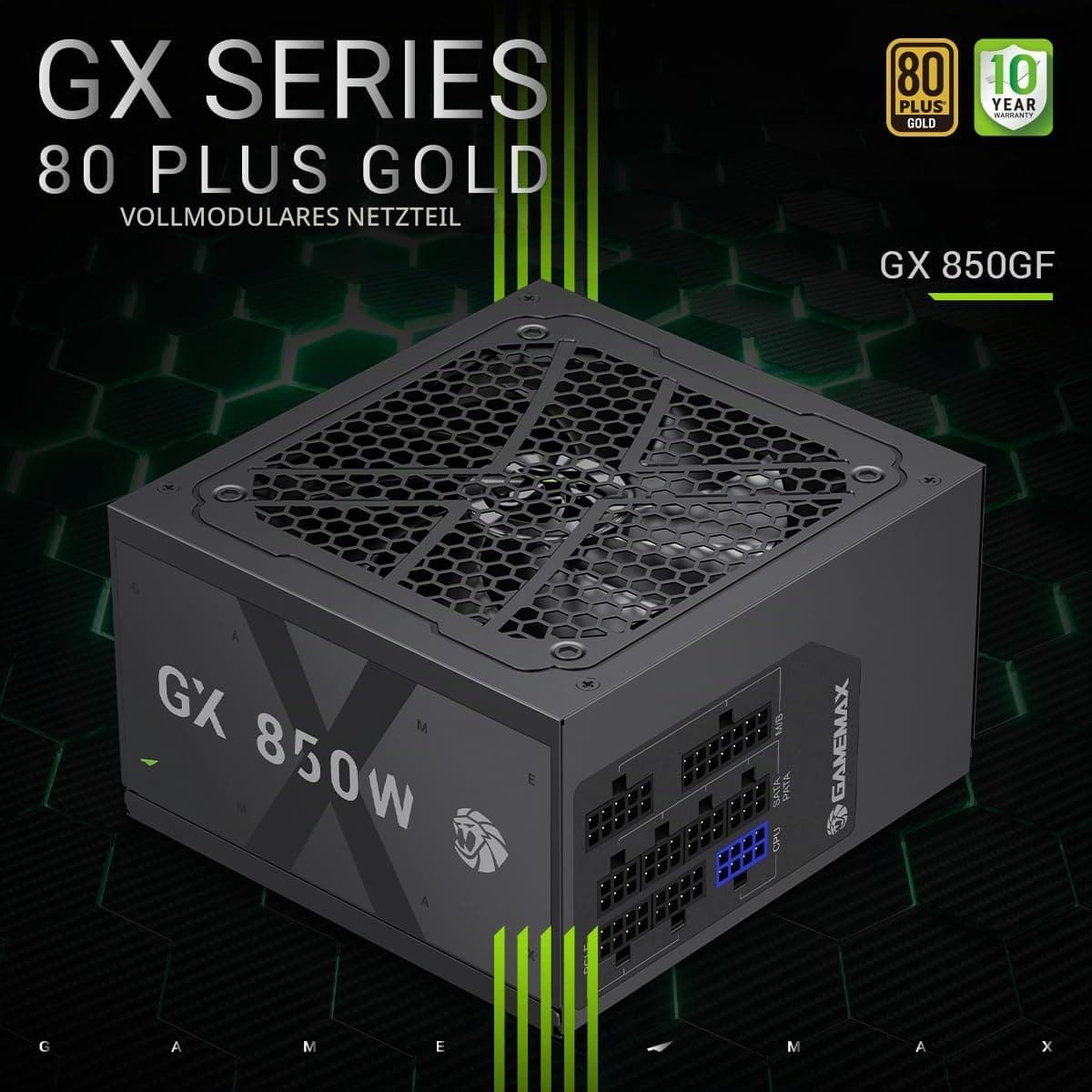 GAMEMAX GX 850GF Netzteil PC 850W Vollmodulares ATX 3.0 mit 12V-2x6-Kabel & PCIe 5.0 Support, 80 Plus Gold, All-solid capacitors, 120mm FDB Lüfter, Geprägte Flachkupferkabe, 10 Jahre Garantie, Schwarz Bild 3