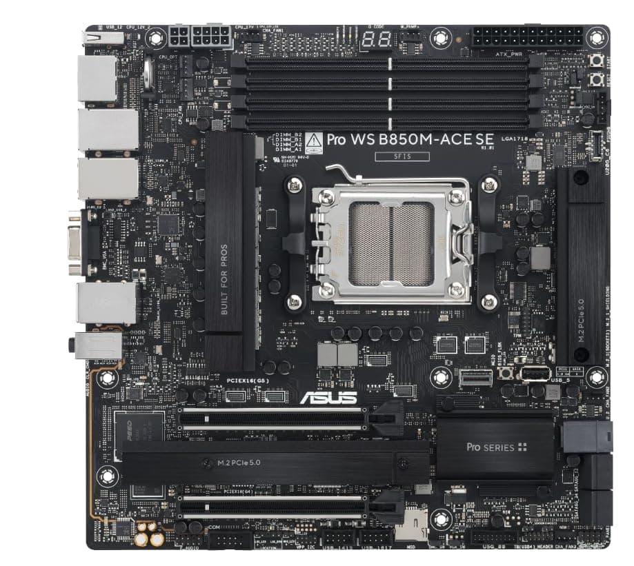 ASUS Pro WS B850M-ACE SE AMD Micro-ATX Mainboard (mit Server-Grade IPMI Management, PCIe 5.0 x 16, PCIe 5.0 M.2, PCIe 5.0 MCIO, U.2 Anschluss, 10Gb und 2.5Gb Ethernet, bereit für USB4)