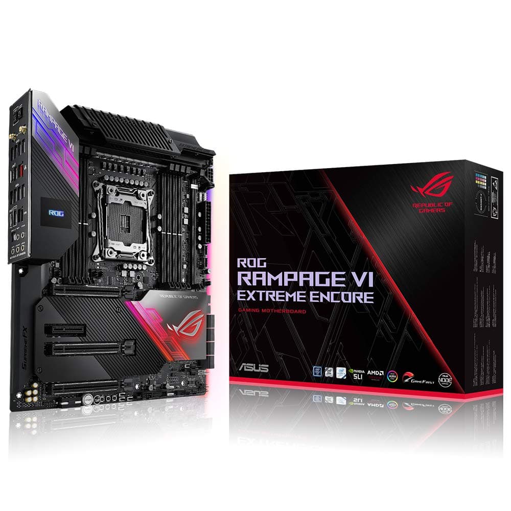 ASUS ROG Rampage VI Extreme Encore Gaming Mainboard Sockel Intel LGA 2066 (ATX, WiFi6, 10Gbit/s-Netzwerk, USB 3.2 Gen 2x2, SATA, vier M.2-Steckplätze, Aura-Sync-RGB-Beleuchtung)