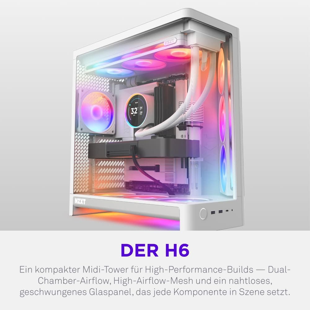 NZXT H6 Kompaktes Dual-Chamber-ATX-PC-Gehäuse - Unterstützung für 10x 120-mm-Lüfter - 360-mm-Radiator - Back-Connect-Motherboard-Ready - Nahtloses geschwungenes gehärtetes Glas - Weiß Bild 3
