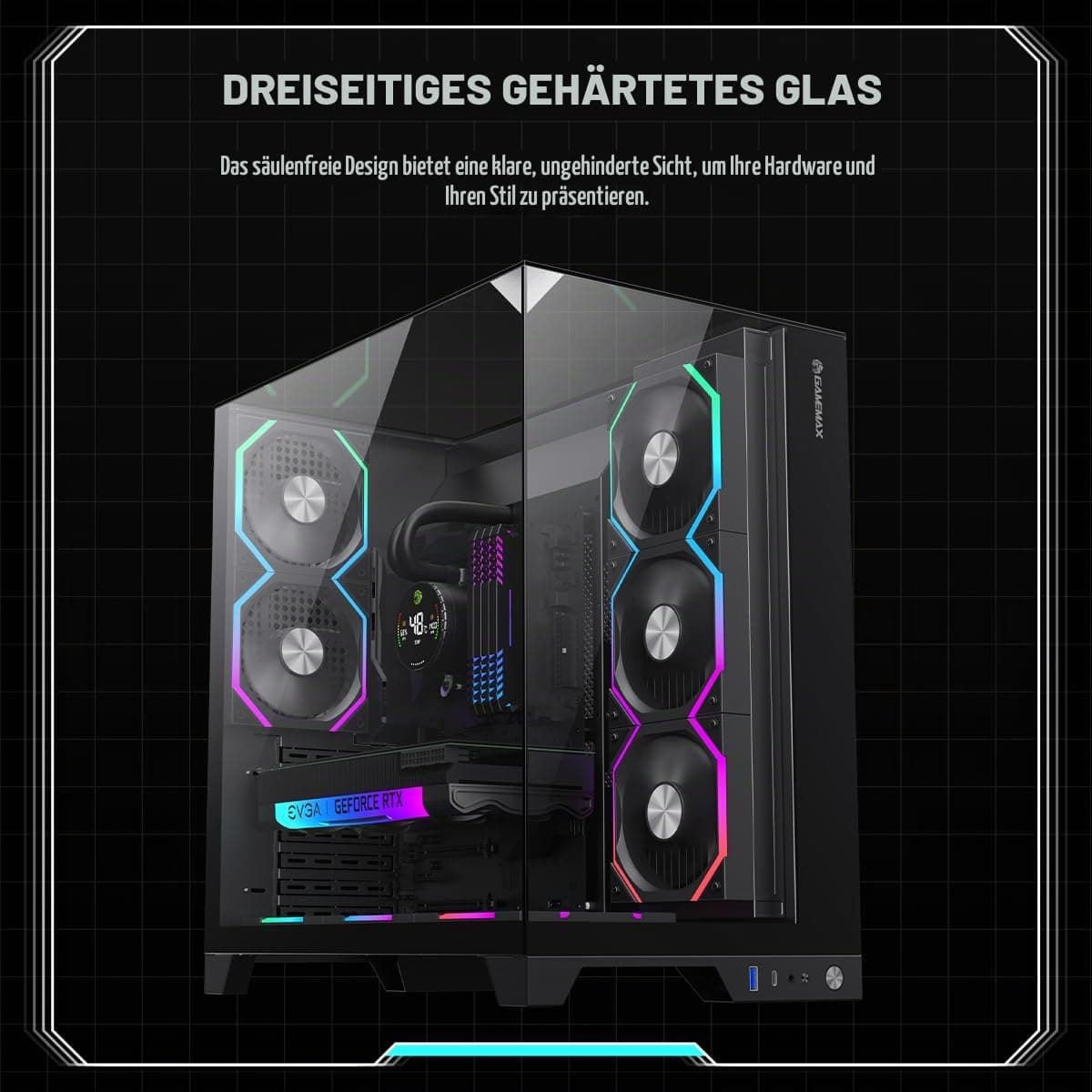 GAMEMAX Infinity PRO BK ATX PC-Gehäuse Schwarz mit gehärtetem Glas, 5X ARGB PWM-Lüfter vorinstalliert, USB 3.0 & Type-C, unterstützt Aura Sync & BTF, verdeckte Wasserkühlungsführung Bild 5