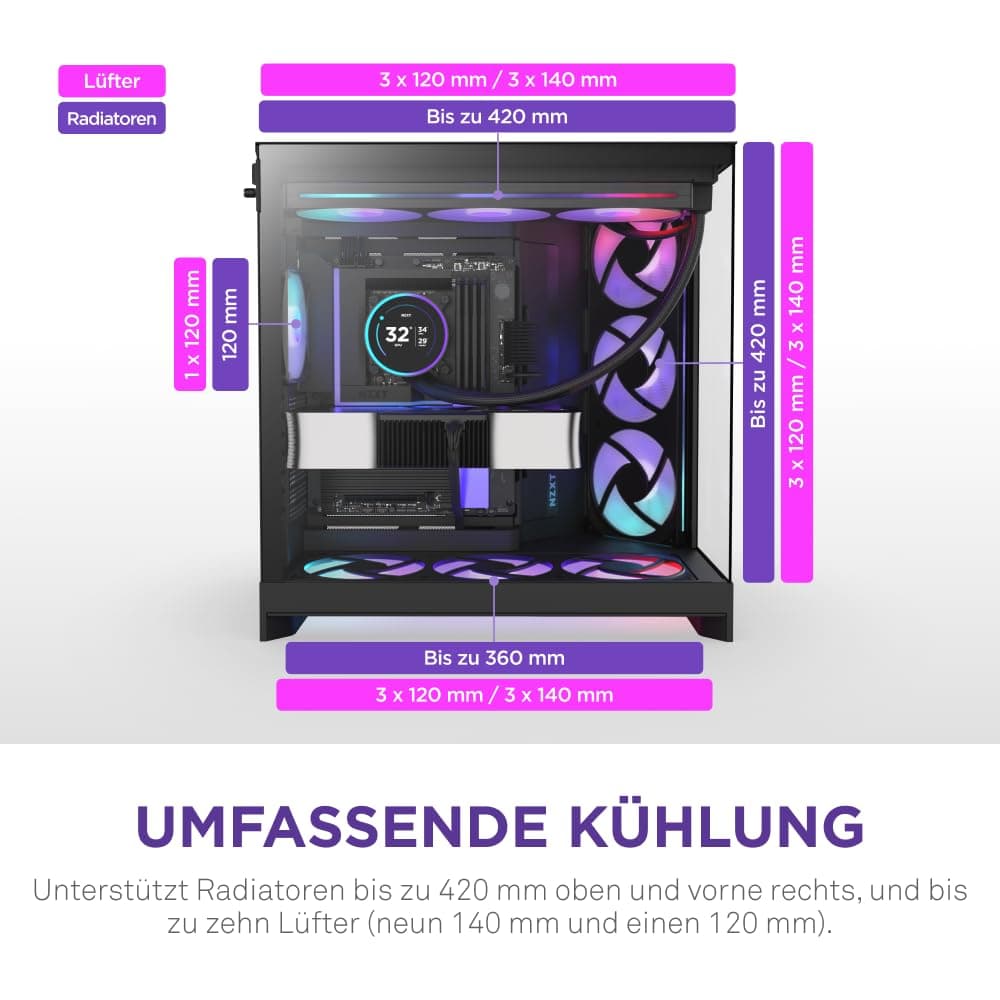 NZXT H9 Flow RGB+ (2025) – Großes Dual-Kammer ATX Mid-Tower Airflow PC-Gehäuse – Enthält 7 RGB-Lüfter (6 x 140mm, 1 x 120mm) und Steuerungshub – 420mm Radiatorunterstützung – Schwarz Schwarz Flow RGB Plus Bild 7