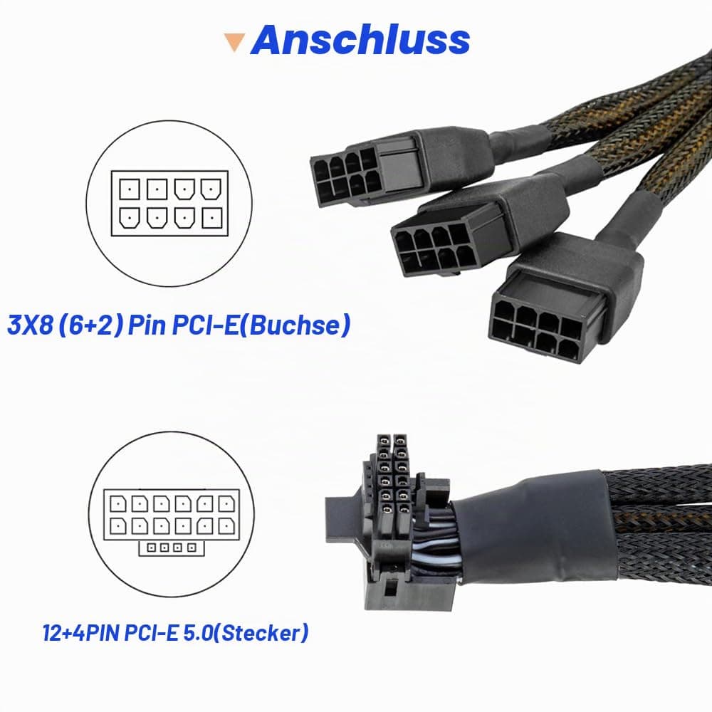 16 AWG PCIE 5.0 12VHPWR 600W 3x8 Pin auf 16Pin (12+4Pin) 90 Grad rechtwinkliges Adapterkabel für Grafikkarte RTX 4090 4080 3090TI 4070Ti (Typ B) Bild 5