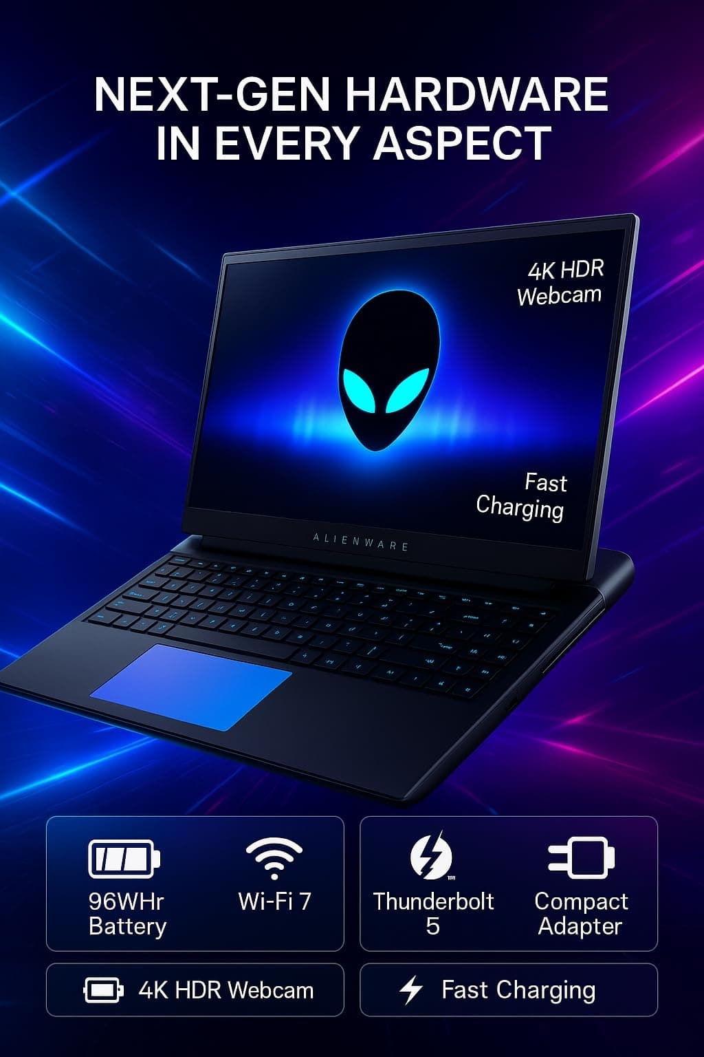 Alienware 18 Area-51 Gaming Laptop - Intel Ultra 9 275HX (24-Core, Up to 5.4GHz), RTX 5080 GDDR7, 16 Zoll 2.5K QHD+ 300Hz, 32GB DDR5, 1TB SSD, Backlit KB, w/DVD Drive, Win 11 Pro, Office Lifetime 32 GB DDR5 | 1 TB SSD Bild 5