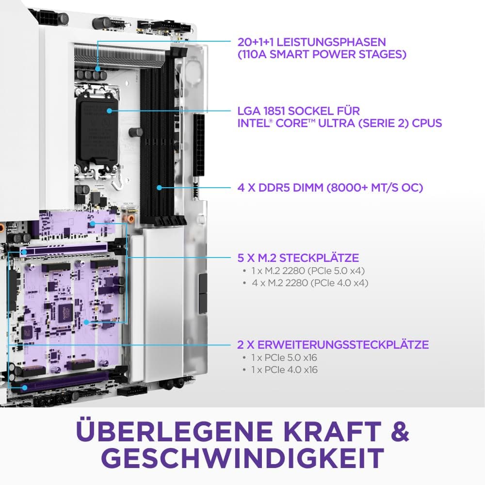 NZXT N9 Z890 - Intel Z890 LGA 1851 ATX Gaming-Mainboard für Core Ultra (Serie 2) - 20+1+1, DDR5, 5X M.2, PCIe 5.0, Wi-Fi 7, 5GbE, Thunderbolt 4 - RGB, Vollmetallabdeckung - Weißes PCB Bild 3