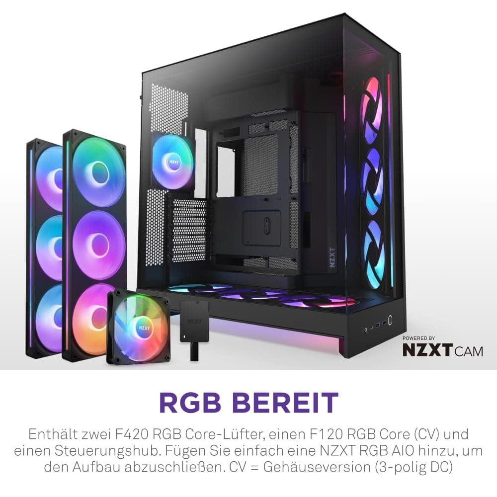 NZXT H9 Flow RGB+ (2025) – Großes Dual-Kammer ATX Mid-Tower Airflow PC-Gehäuse – Enthält 7 RGB-Lüfter (6 x 140mm, 1 x 120mm) und Steuerungshub – 420mm Radiatorunterstützung – Schwarz Schwarz Flow RGB Plus Bild 5