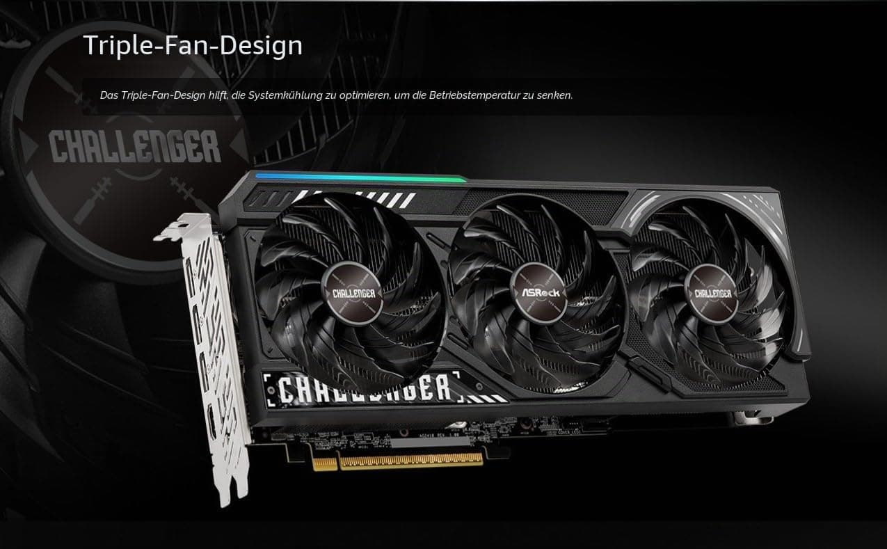 ASRock Radeon RX 9070 XT Challenger 16 GB OC-Grafikkarte, AMD RDNA 4 Architektur, 2970 MHz Boost Clock, 16 GB GDDR6, PCIe 5.0, DisplayPort 2.1a, HDMI 2.1b, Triple Cooling Bild 5