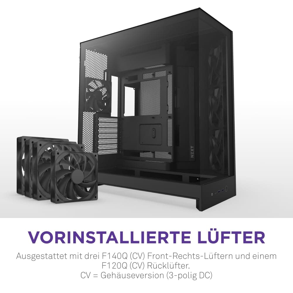 NZXT H9 Flow (2025) – Großes Dual-Kammer ATX Mid-Tower Airflow PC-Gehäuse – Enthält 3 x 140mm & 1 x 120mm Lüfter – 420mm Radiatorunterstützung – Gehärtetes Glas – Back-Connect bereit – Schwarz Schwarz Flow Bild 5