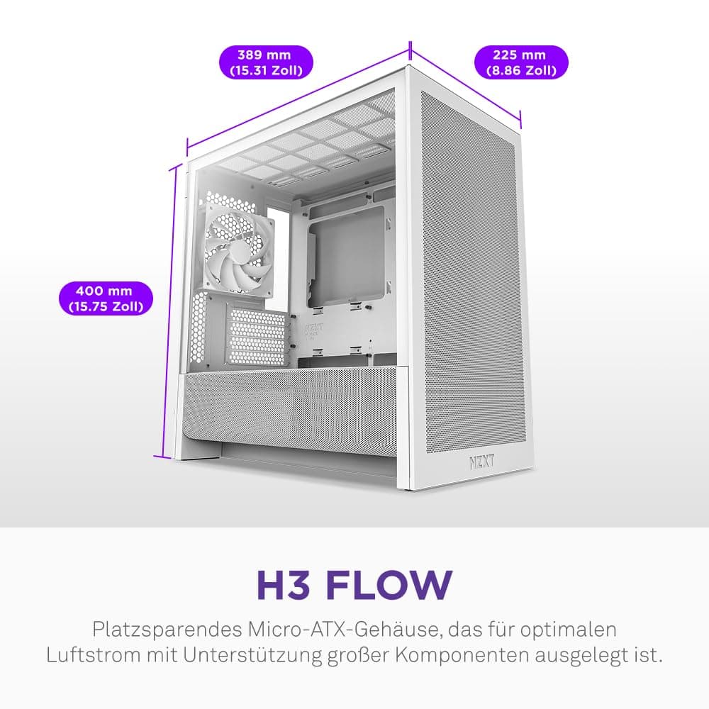 NZXT H3 Flow – Micro-ATX PC-Gehäuse – Optimierter Luftstrom – Inklusive 1 x 120mm Lüfter hinten – Unterstützt Full-Size-GPUs – Passend für 280mm Front, 240mm Top Radiator – Weiß Weiß Flow Bild 3