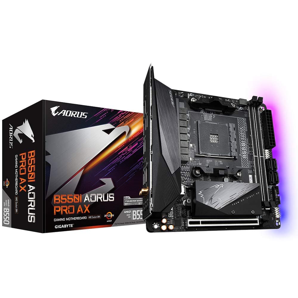 GIGABYTE B550I AORUS PRO AX Mainboard – AMD Ryzen 5000 CPUs, 8 Phasen VRM, bis zu 5300 MHz DDR4, 1xPCIe 4.0 + 1xPCIe 3.0 M.2, Wi-Fi 6E, 2.5GbE LAN, USB 3.2 Gen 2 Mini ITX