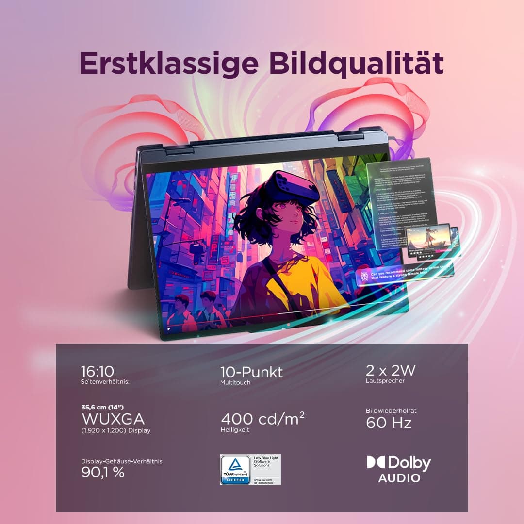 Lenovo IdeaPad 5 2in1 Laptop | 14" WUXGA Touch Display | AMD Ryzen 7 250 | 16GB RAM | 512GB SSD | AMD Radeon 780M | Windows 11 | QWERTZ | exkl. Farbe in Cosmic blau | 3 Monate Premium Care Bild 6
