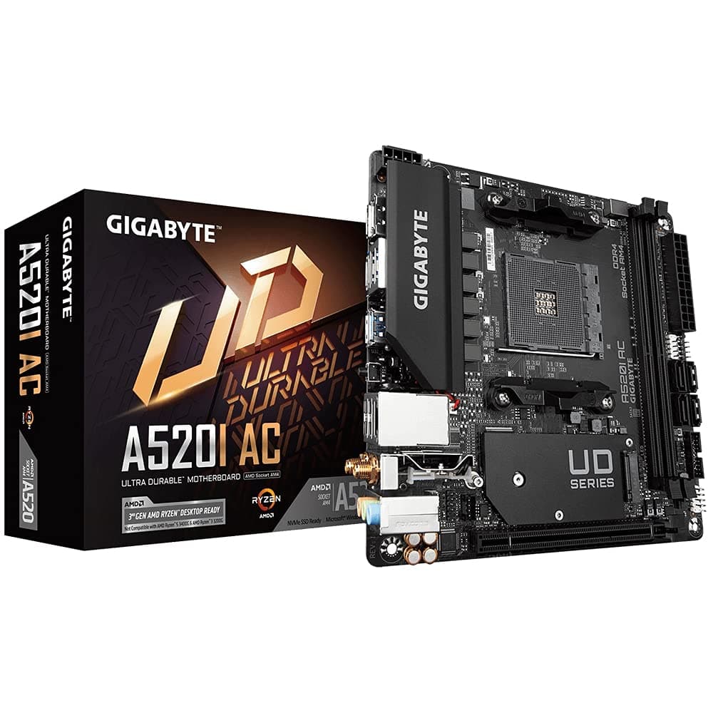 GIGABYTE A520I AC Motherboard - Unterstützt AMD Ryzen 5000 Series AM4 CPUs, 6 Phasen Digital VRM, bis zu 5300MHz DDR4 (OC), 1xPCIe 3.0 M.2, WiFi, GbE LAN, USB 3.2 Gen1 Bild 2