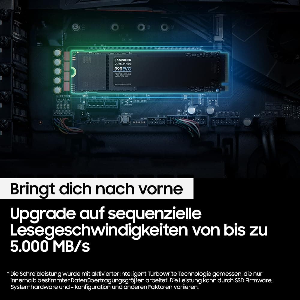 Samsung 990 EVO NVMe M.2 SSD 1 TB, PCIe 4.0 x4 / PCIe 5.0 x2, NVMe 2.0 (2280), 5.000 MB/s Lesen, 3.200 MB/s Schreiben, Interne SSD für Gaming und Grafikbearbeitung, MZ-V9E1T0BW Bild 6