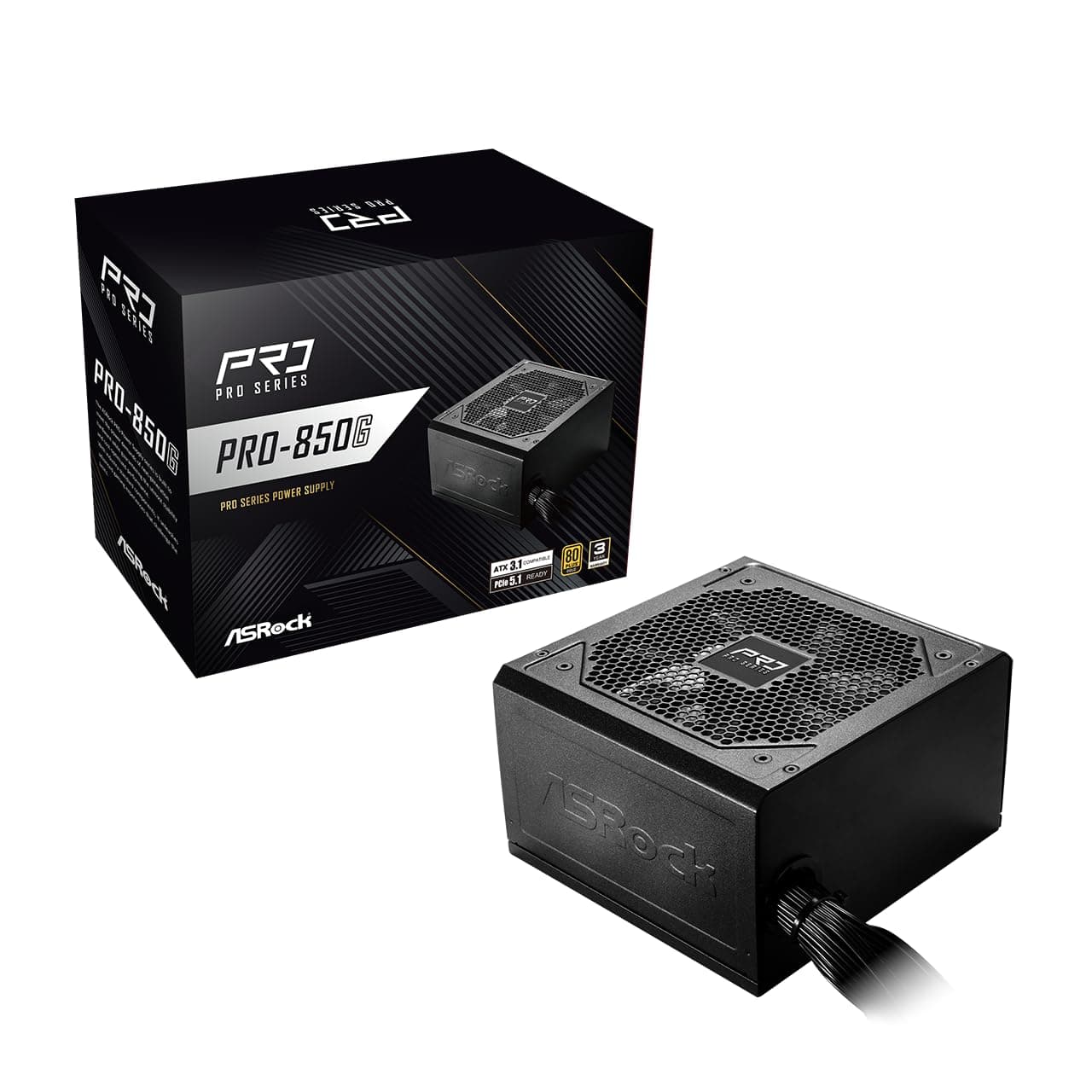 ASRock PRO 850G Netzteil – 850 W 80 Plus Gold zertifiziert, ATX 3.1 & PCIe 5.1 Ready, nativer 12V-2x6-Anschluss, 120 mm geräuscharmer Lüfter, 3 Jahre Garantie Gold Pro 850W