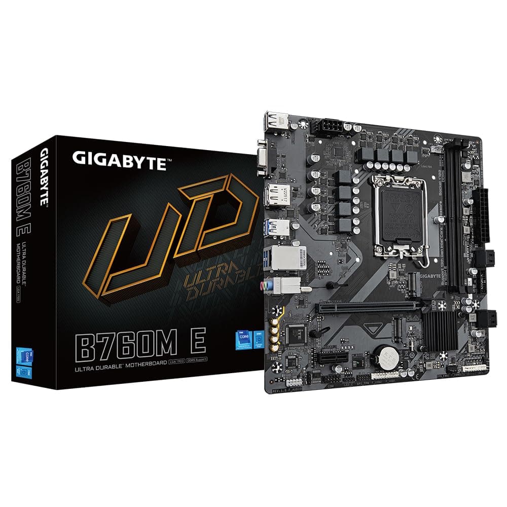 GIGABYTE B760M E Mainboard – Unterstützt Intel Core Prozessoren der 14. Generation, 6+1+1 Phasen VRM, bis zu 7200 MHz DDR5 (OC), 2xPCIe 4.0 M.2, 1 GbE LAN, USB 3.2 Gen 1