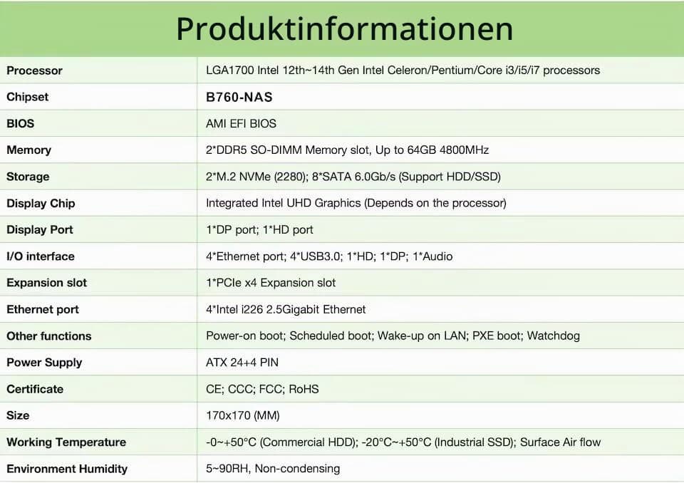 B760 Mini-ITX NAS Mainboard - Intel 12./13./14. Gen LGA1700-8-Fach Laufwerksaufnahme - 8X SATA + 2X NVMe - 4X 2.5G LAN - DDR5 & PCIe x4 - Firewall-Unterstützung - Heimserver/Rechenzentrum Bild 7