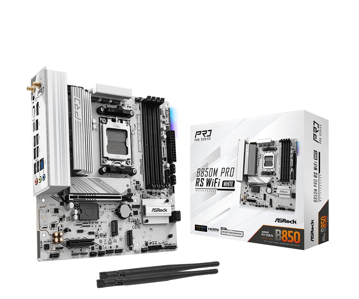 ASRock B850M Pro RS WiFi White AM5 Micro-ATX Mainboard:AMD Ryzen 9000/8000/7000 | DDR5 8000+ | PCIe 5.0 | WiFi 6E | 2.5G LAN
