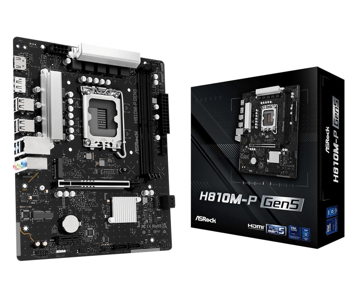 ASRock H810M-P Gen5 Motherboard, Micro ATX, LGA1851 Socket, DDR5, PCIe 5.0, Intel Core Ultra Series 2