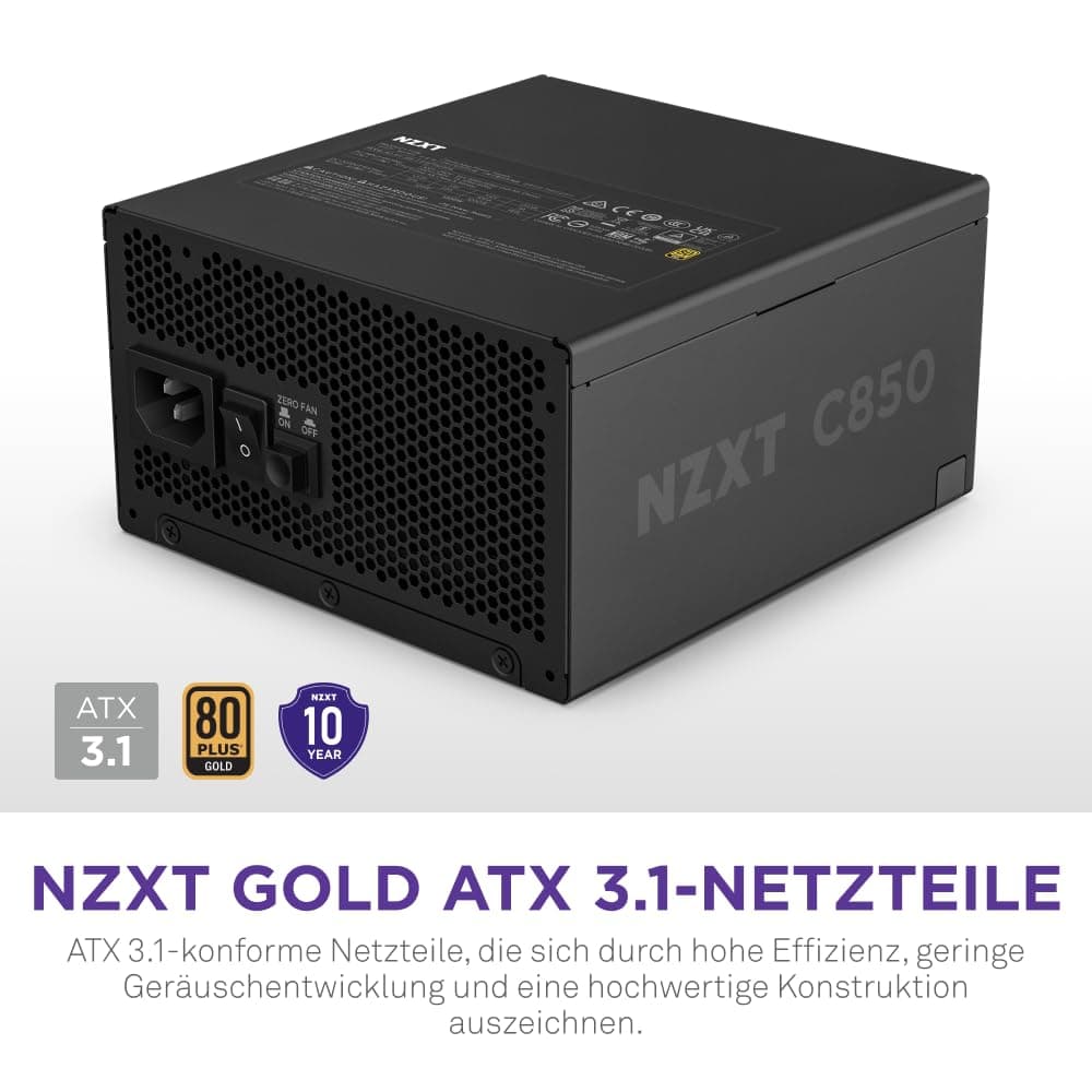 NZXT C850 Gold ATX 3.1 - Vollständig modulares, geräuscharmes PC-Gaming-Netzteil - 850 Watt - 80 Plus Gold - 12V-2x6-Anschluss - Zero Fan-Modus - 100% japanische Kondensatoren - Schwarz 850W 80 Plus Gold ATX 3.1 Schwarz Bild 4