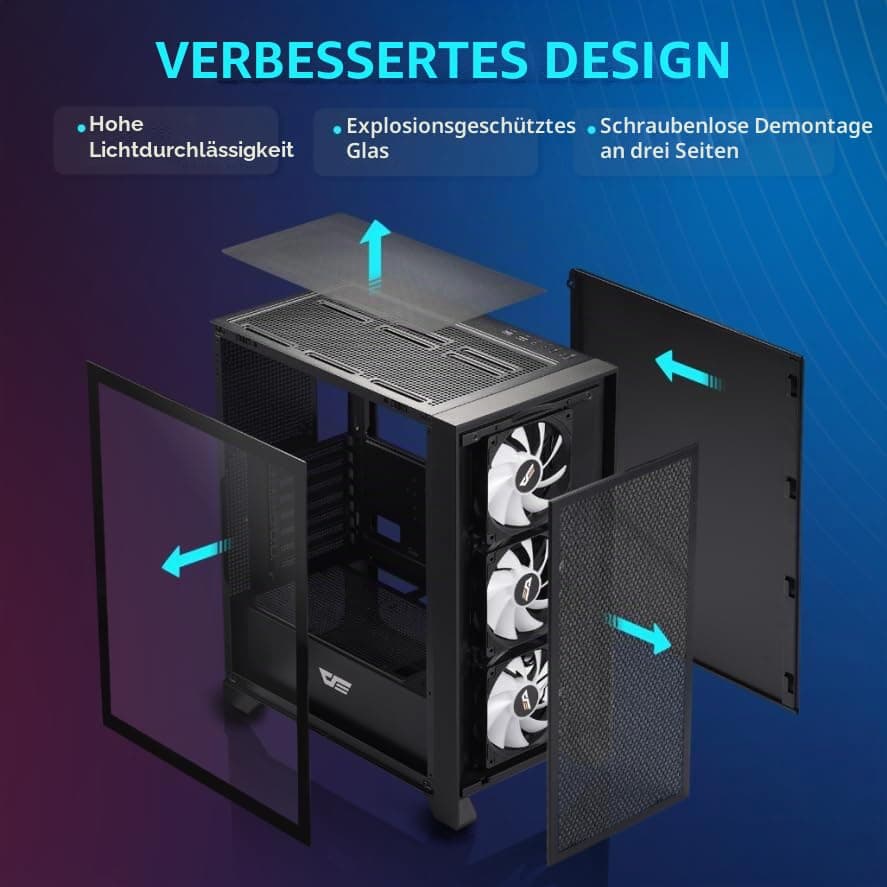 darkFlash ATX Mid-Tower Gaming-PC-Gehäuse, vorinstallierte 3x120mm RGB-Lüfter, abnehmbare große Mesh-Frontblende, USB 3.0-fähig, Seitenwand aus gehärtetem Glas für optimale Belüftung, Schwarz (DRX70) Bild 3