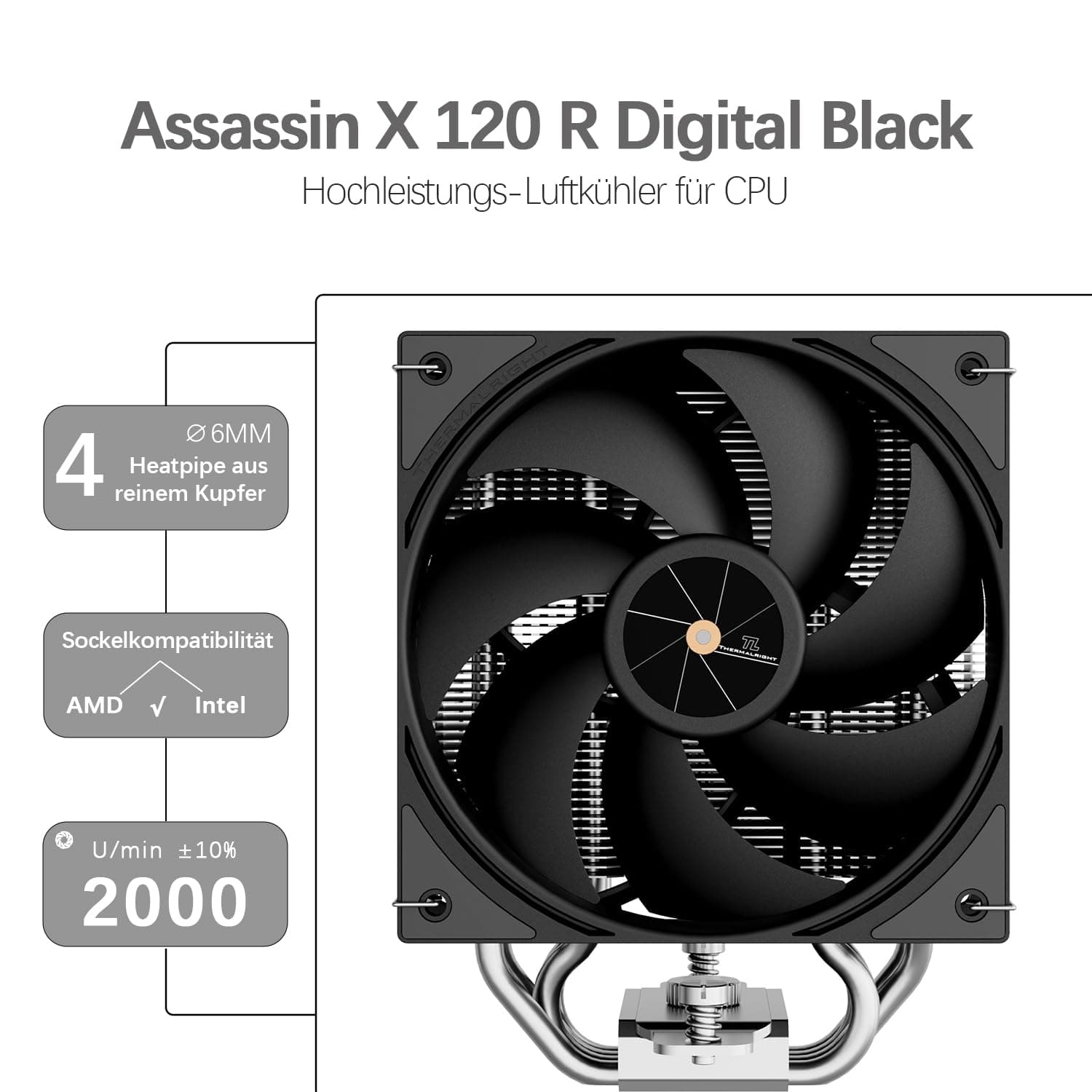 TR-Thermalright Assassin X 120 Digital schwarzer CPU-Kühler, 4x6mm Wärmerohre, 120mm CPU-Lüfter-2000U/min, Digital Display Board Top Cover, für AM5/AM4, Intel lga1851/1700, Schwarz Assassin X 120 Digital Black Bild 3