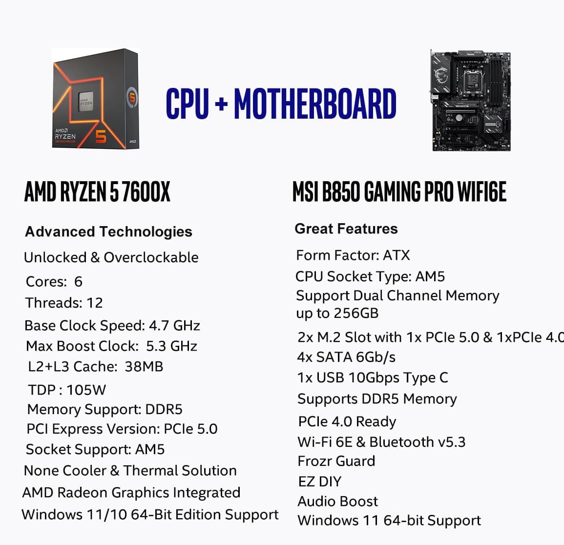 MICRO CENTER AMD Ryzen 5 7600X CPU Prozessor mit MSI B850 Gaming PRO WIFI6E Motherboard (ATX, AM5, DDR5, M.2 Gen5, Wi-Fi 6E) AMD Ryzen 5 7600X + MSI B850 Gaming Pro WIFI6E Bild 3