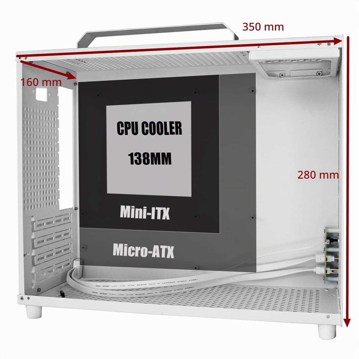 V500 Mini Tragbares M-ATX/ITX Computergehäuse, Mini-Tower-Gehäuse, Vollseitiges transparentes Acryl-DIY-Desktop-Gehäuse mit Griff, unterstützt 320 mm GPU-Größe(Weiß-2.0) Bild 6