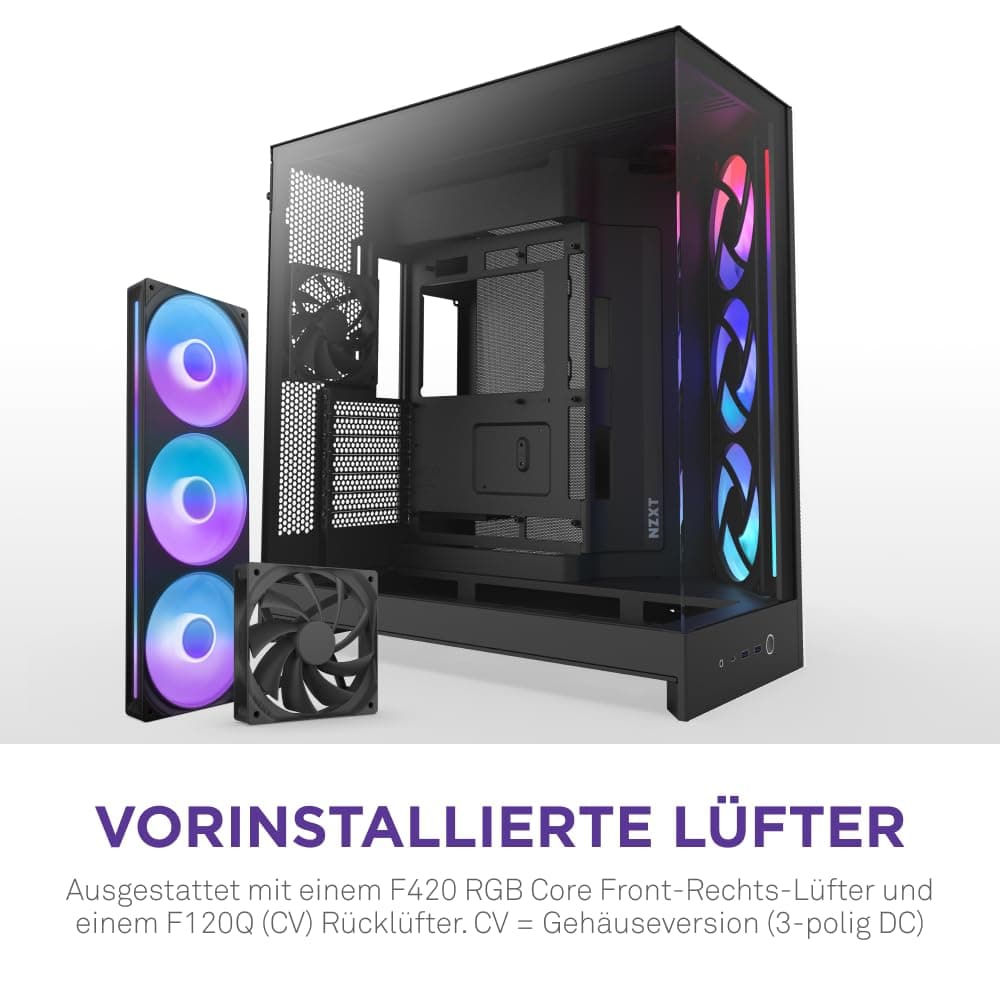 NZXT H9 Flow RGB (2025) – Großes Dual-Kammer ATX Mid-Tower Airflow PC-Gehäuse – Enthält 1 x 420mm RGB-Lüftereinheit & 1 x 120mm Lüfter – 420mm Radiatorunterstützung – Gehärtetes Glas – Schwarz Schwarz Flow RGB Bild 5