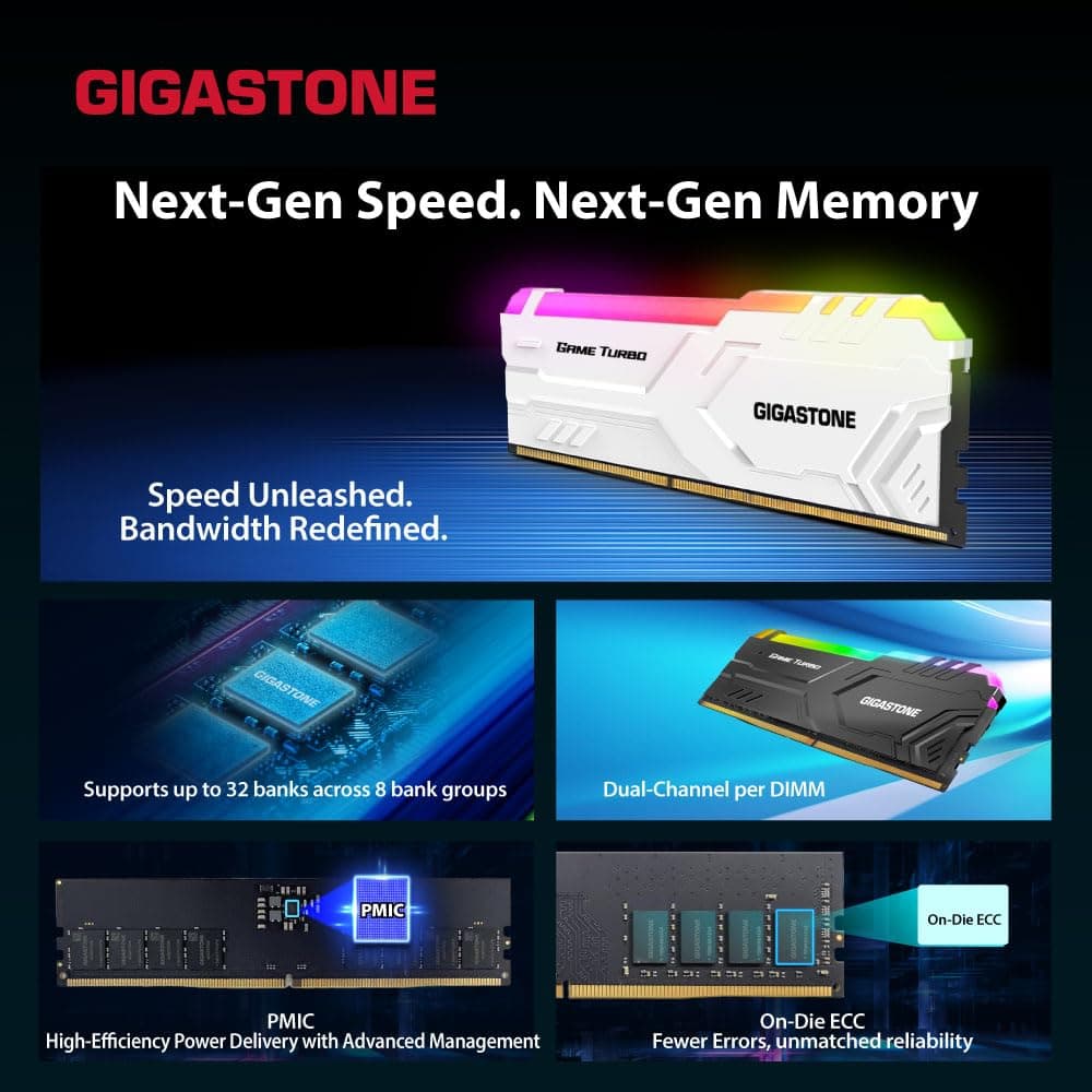 【RGB DDR5 RAM】 GIGASTONE Game Turbo 64GB Kit (4x16GB) DDR5-6400MHz PC5-51200 CL40-40-40-84 Intel XMP 3.0 AMD Expo 1.35V UDIMM 288 Pin Unbuffered NNicht-ECC ungepuffert Desktop Arbeitsspeicher - Weiß Bild 7
