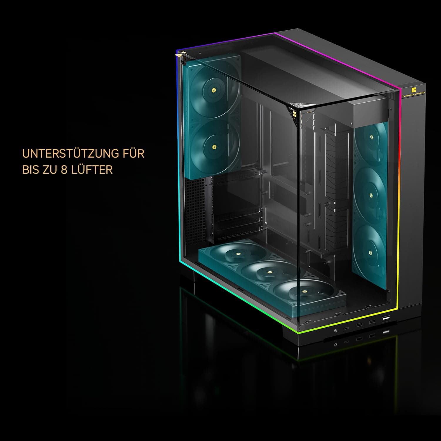 TR A70 ARGB Schwarzes ATX Gaming-Gehäuse, dreiseitiges säulenlosem Panoramaglas-Panel, 8 CPU-Lüfterplätze, 4-Wege-Luftzirkulation, werkzeuglose vertikale Fallschutz + panoramische Lichtleiste. Bild 5