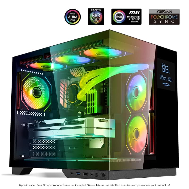 Spirit of Gamer - Viper CRX, Gaming PC Gehäuse Aquarium ATX/mATX/ITX, 6 ARGB PWM Lüfter, 270° Hartglas, LCD Display, Unterstützung für 360 mm Wasserkühlung, USB-C, Kabelmanagement, SPCC Stahl Schwarz Bild 2