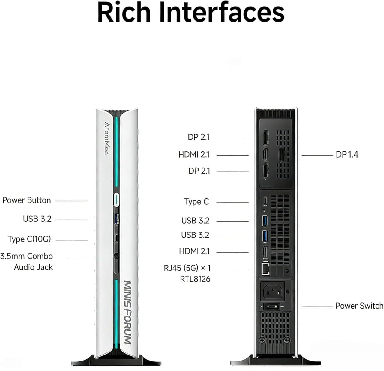 MINIS FORUM AtomMan G1 Pro Mini PC, AMD Ryzen 9 8945HX 16 Kerne/32 Threads Prozessor bis zu 5,4 GHz, RTX 5060 8G Graphics, 32GB DDR5, 1TB PCIe 4.0 SSD, HDMI x 2/DP x 2, 5G RJ45, Wi-Fi7, BT5.4 G1 Pro 8945 32+1TB Bild 7