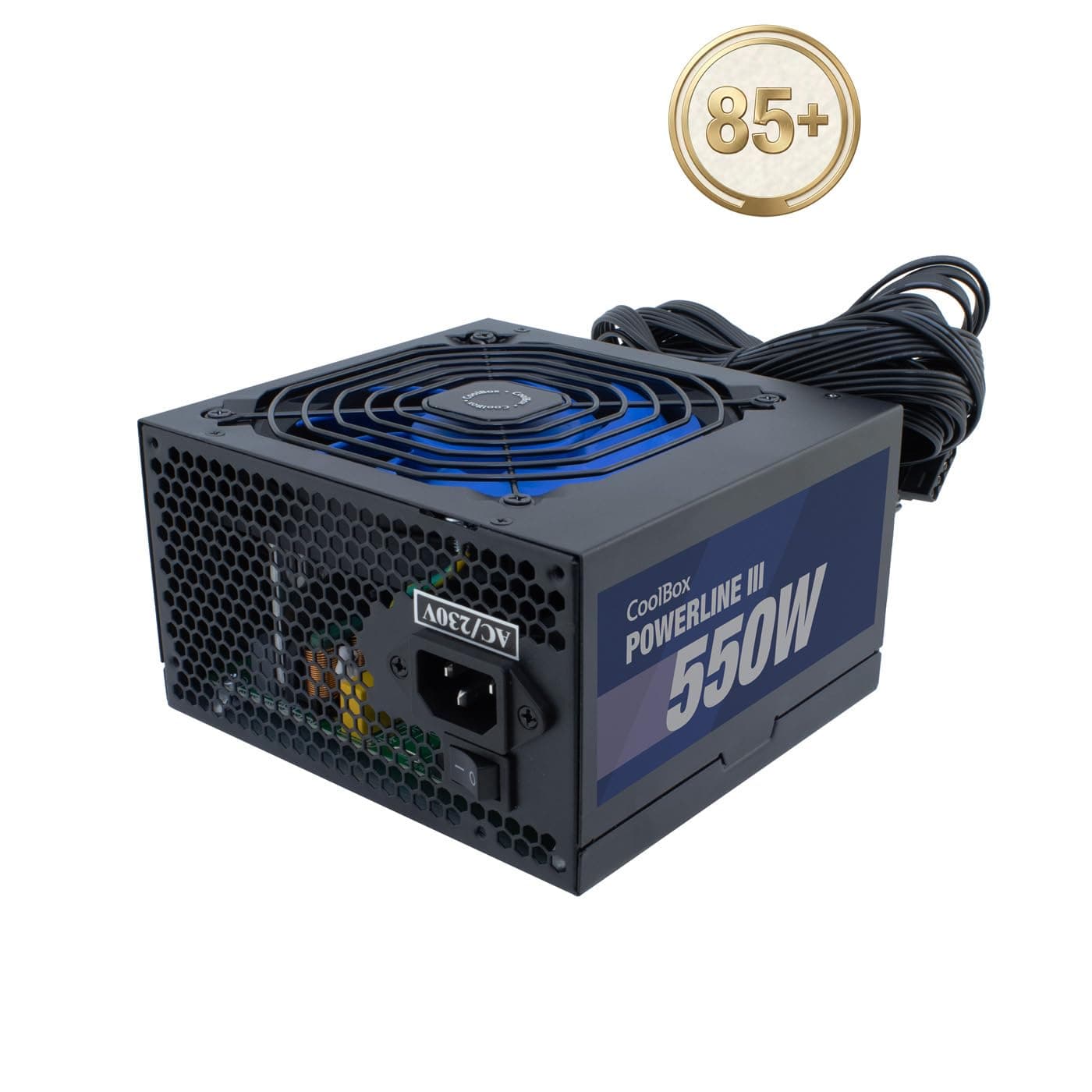 CoolBox Powerline 3 PC-Netzteil 550 W, ATX, 85 % Effizienz, ultra-leiser Lüfter 12 cm, SMD- und DC-DC-Technologie, Emi-Filter, lange Flachkabel, Schwarz Bild 3
