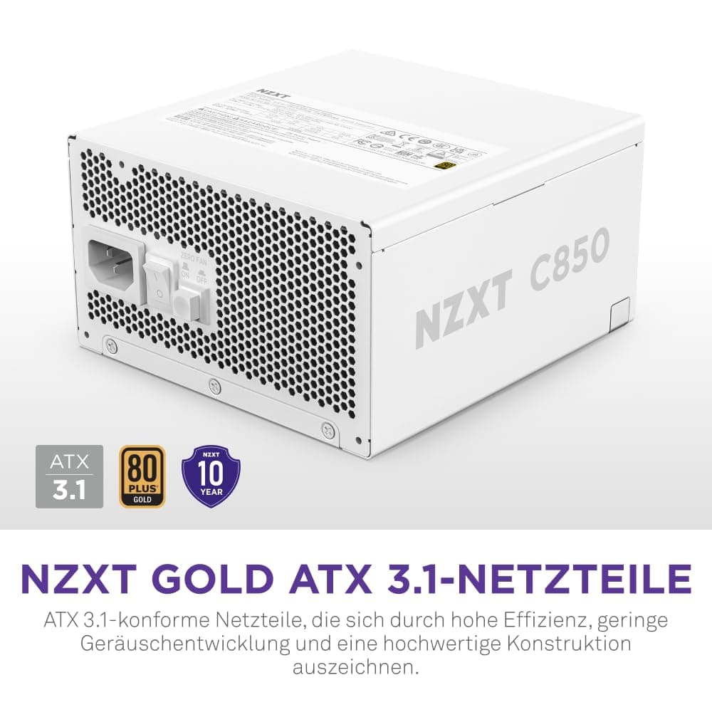 NZXT C850 Gold ATX 3.1 - Vollständig modulares, geräuscharmes PC-Gaming-Netzteil - 850 Watt - 80 Plus Gold - 12V-2x6-Anschluss - Zero Fan-Modus - 100% japanische Kondensatoren - Weiß 850W 80 Plus Gold ATX 3.1 Weiß Bild 4