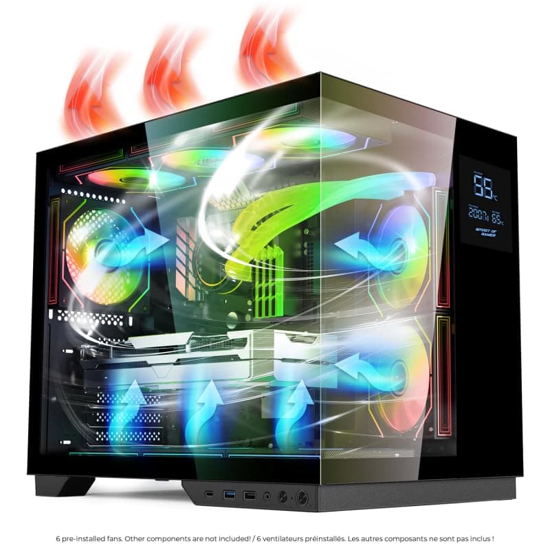 Spirit of Gamer - Viper CRX, Gaming PC Gehäuse Aquarium ATX/mATX/ITX, 6 ARGB PWM Lüfter, 270° Hartglas, LCD Display, Unterstützung für 360 mm Wasserkühlung, USB-C, Kabelmanagement, SPCC Stahl Schwarz Bild 6