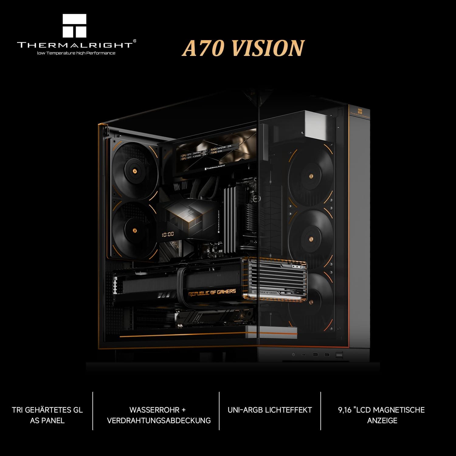 Thermalright A70 Vision PC Gehäuse mit 9,16-Zoll-Display, Panorama-Sicherheitsglas, ATX-Tower Unterstützt ATX-Mainboard/42cm-Grafikkarten,mit ARGB-Lichtleiste und verstecktem Kabelmanagement-Schwarz Bild 4